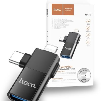 Hoco UA17 Lightning & USB-C Male to USB Female OTG Adapter – Black